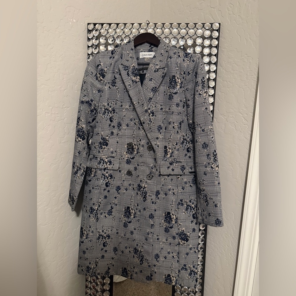 Calvin Klein Black and Gray Plaid Blazer with Navy Floral Print